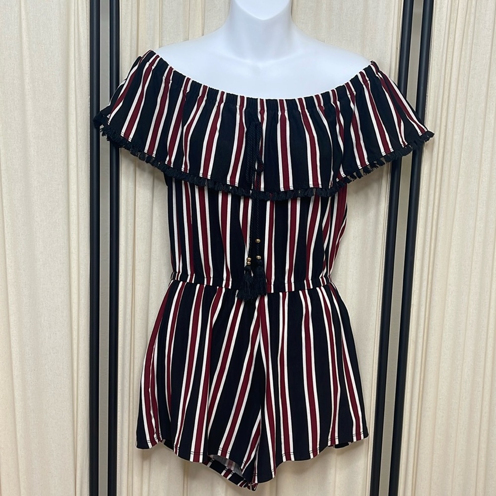LIKE NEW! STRIPPED OFF THE SHOULDER FRINGE ROMPER SIZE MEDIUM